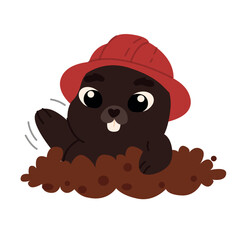 Cute cartoon mole in a red hat. Vector illustration.