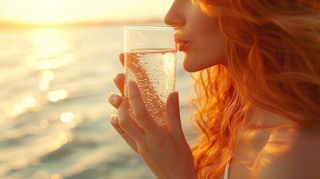 Beautiful woman drinking water on beach in summer   hydration concept image with copy space