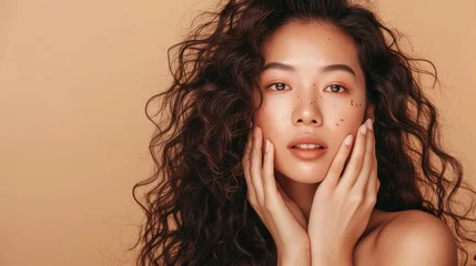 Fotobehang Asian beauty woman curly long hair with korean makeup style touch her face and perfect skin on isolated beige background. Facial treatment, Cosmetology, plastic surgery © buraratn