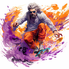 Skater on skateboard, jumping skateboarding sport, action jump, colorful splash paint illustration on white background
