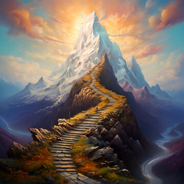 abstract fantasy picture of steep path to  tall rocky mountain