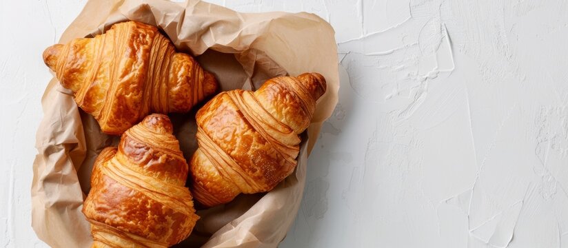 Flatlay of croissants in a paper bag with copy space on a white background.