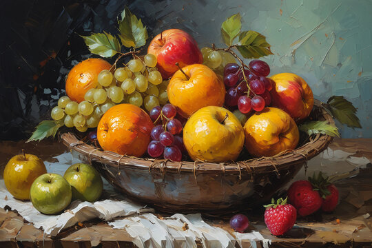 Delicious fruits in composition ai image in oli pantings style