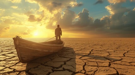 Climate change, The man on wood boat at large drought land
