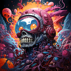 Halloween jumping skeleton skull man, colorful splash paint illustration on white background