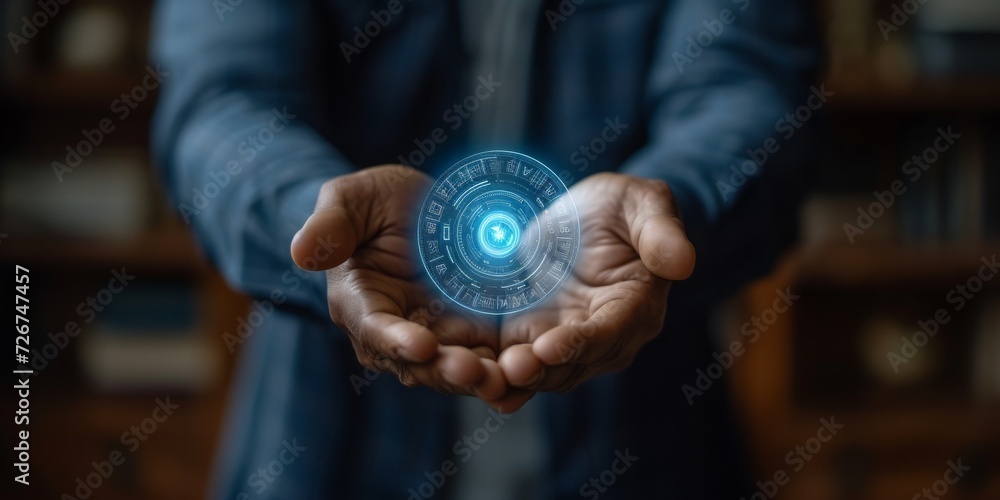 Poster future at fingertips: a human hand interacting with a holographic interface, symbolizing advanced te