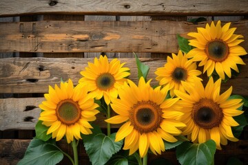 Obraz premium sunflowers on rustic wooden background many wooden slats