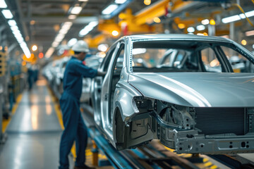 An automotive worker inspects a car body on the assembly line in a modern automobile manufacturing plant.