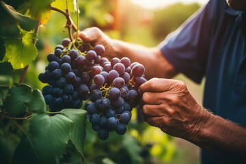 Farmer male hands picking grape, grapes harvest.