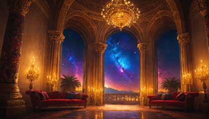 This image captures the resplendent interior of a Victorian ballroom, featuring ornate golden details, plush red seating, and a captivating view of the starry night sky through tall arched windows.