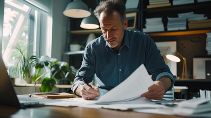 Man working on family budget in a well-lit office. UHD image with clarity, landscape-oriented. Sustainable architecture style in dark blue-gray. Soft focus portraits, cinematic lighting