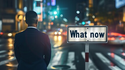 Confused man standing at crossroad with  what now  signpost, uncertain about future direction