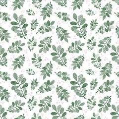 Fototapeta na wymiar Green branches with leaves on white backdrop seamless pattern. Creative art texture for printing on various surfaces (textile, wrapping, packages, apparel, homeware) or use in graphic design.