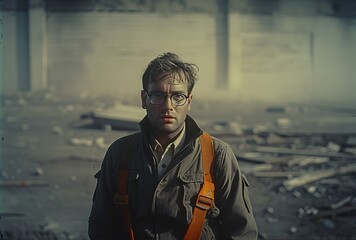 A bespectacled man donning a sleek jacket stands confidently in an outdoor setting, his human face captured in a striking screenshot