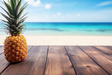 ripe tasty pineapple on wooden table top on tropical beach sea or ocean summer background