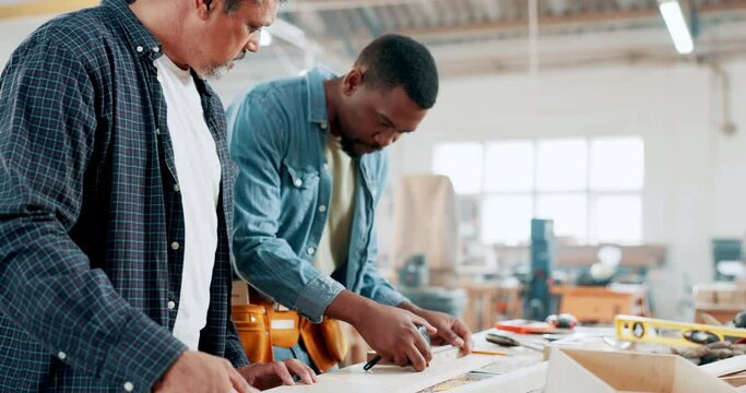 Man, carpenter and teamwork for construction, supply chain or production in woodwork at workshop. Male person, builder or craftsman working on wood together with measuring tape on table at warehouse