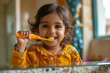 Little indian kid brushing his teeth in yellow blouse in front of mirror in bright cozy bathroom