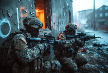 A fierce group of soldiers, armed with a variety of weapons such as rifles, machine guns, and sniper rifles, stand ready for combat in their military uniforms and helmets, showcasing the intense viol - obrazy, fototapety, plakaty