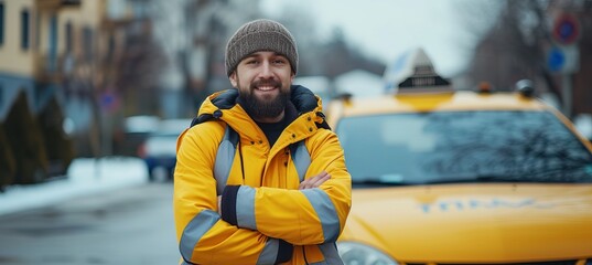 Fototapeta na wymiar Confident bearded male taxi driver posing in front of cab, with copy space for text placement