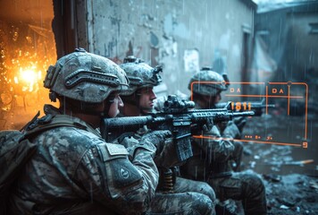 A line of soldiers, armed with a variety of weapons and decked out in military gear, await their next mission with determination and intensity