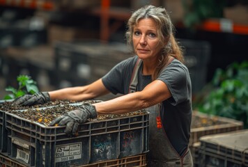 A determined woman oversees the production of clothing in a bustling factory, her human face focused as she stands outside the industrial building surrounded by plants and containers lining the stree