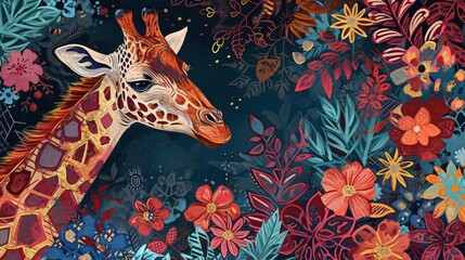  a painting of a giraffe standing in a field of flowers with leaves and flowers on a dark background.