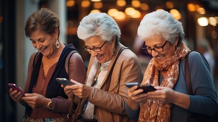 Friends on Bench: Three Elderly Ladies Watching Videos - obrazy, fototapety, plakaty