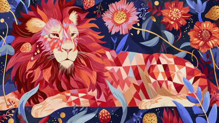  a painting of a lion laying on top of a lush green field with lots of flowers on either side of it.