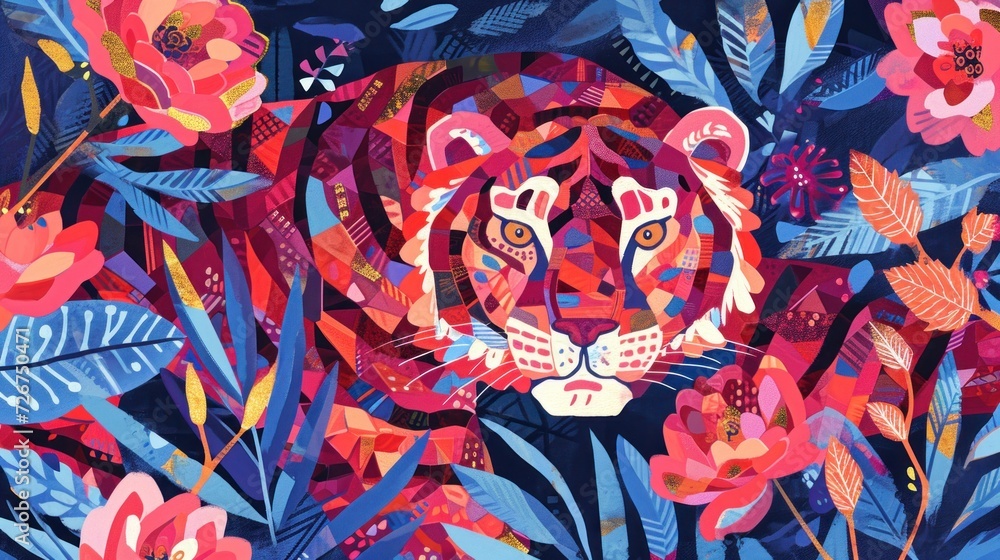 Sticker a painting of a tiger surrounded by tropical leaves and flowers on a dark blue background with pink 