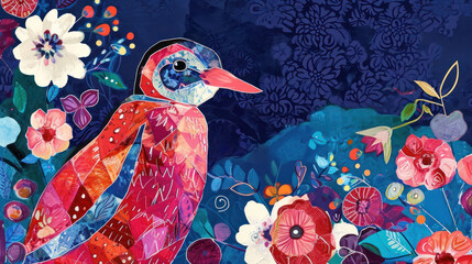 Obraz premium a painting of a colorful bird sitting on a branch surrounded by colorful flowers and leaves on a dark blue background.