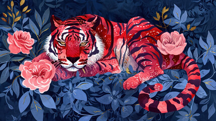  a painting of a tiger laying on top of a lush green field with pink flowers and green leaves on a dark blue background.
