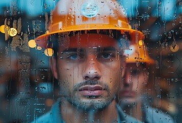 Naklejka na ściany i meble Amidst the pouring rain, a determined man in a hard hat shields his human face as he continues to work, never letting the weather deter his perseverance