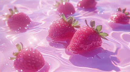  a group of strawberries floating on top of a body of water with drops of water on top of them.