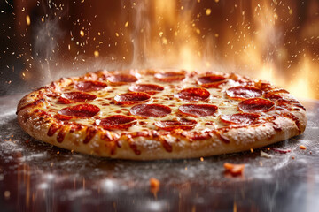 delicious juicy pizza with melted cheese and fire in the background