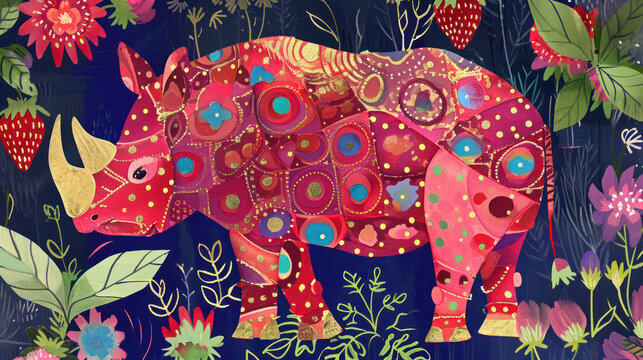  a painting of a pink rhino surrounded by flowers and leaves on a dark blue background with a blue sky in the background.