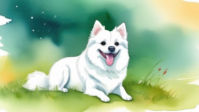 illustration portrait of dog Spitz breed, white color pet with tongue hanging on a walk in park, isolated on watercolor background , evening sunset light, space for text