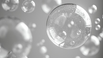  a bunch of bubbles floating in the air on a gray and white background with a black and white photo of bubbles floating in the air.