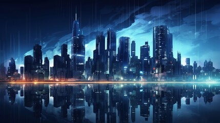 Fototapeta na wymiar Panoramic view of futuristic city skyline with high buildings at night