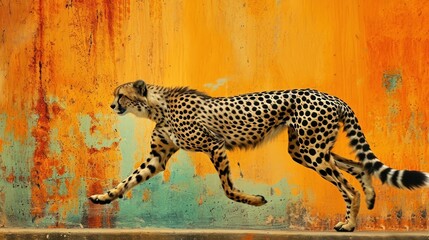  a cheetah running across a street in front of a rusted wall with paint peeling off of it.
