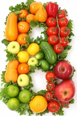 Number 8 made of assorted colorful fruits and vegetables isolated on white background