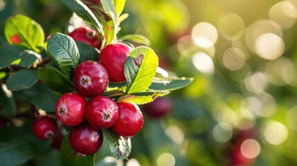 Obraz premium a close up of a bunch of red berries on a tree with green leaves and bright sunlight in the background.