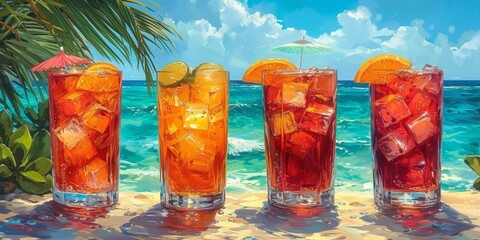 A colorful painting of refreshing soft drinks and cocktails adorning a sun-kissed beach, inviting you to indulge in the outdoor paradise while sipping on juicy orange juice and crisp water - obrazy, fototapety, plakaty