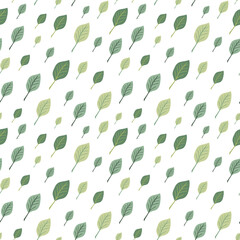 Diagonally arranged green leaves isolated on transparent backdrop seamless pattern. Creative art texture for printing on textile, wrapping, packages, apparel, homeware etc. or use in graphic design.