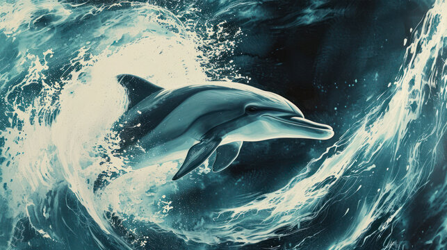  a painting of a dolphin jumping out of the water with a wave in the foreground and a splash of water in the background.