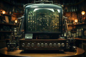 retro analog device for industry and scientific research and measurements, in the interior of a factory laboratory, the concept of retro futurism lamp electronics