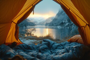 Amidst the rugged wilderness, a humble tent stands tall against the vibrant sky, its tarpaulin roof providing shelter as the lake's glistening waters reflect the breathtaking sunrise and sunset over 