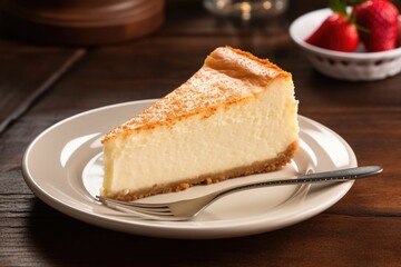 Classic New York Style Cheesecake Slice on Wooden Plate. Delicious Sweet Cheese Cake Pie Served