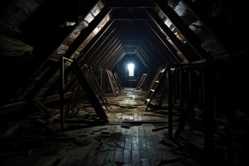 Creepy Attic: An Abandoned and Haunted Space with Dark Decaying Corridors and Ancient Mysterious - obrazy, fototapety, plakaty