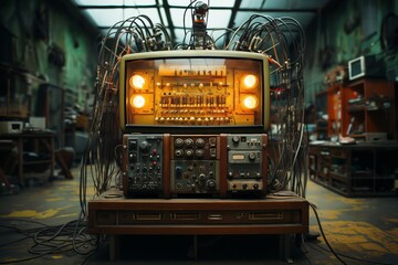 retro analog device with screen for industry and scientific research and measurements, in the interior of a factory laboratory, the concept of retro futurism lamp electronics