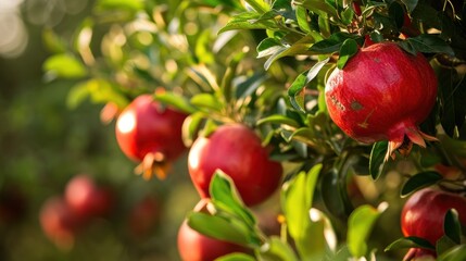  a tree filled with lots of ripe pomegranates on top of a green leaf covered tree filled with lots of ripe pomegranates.
